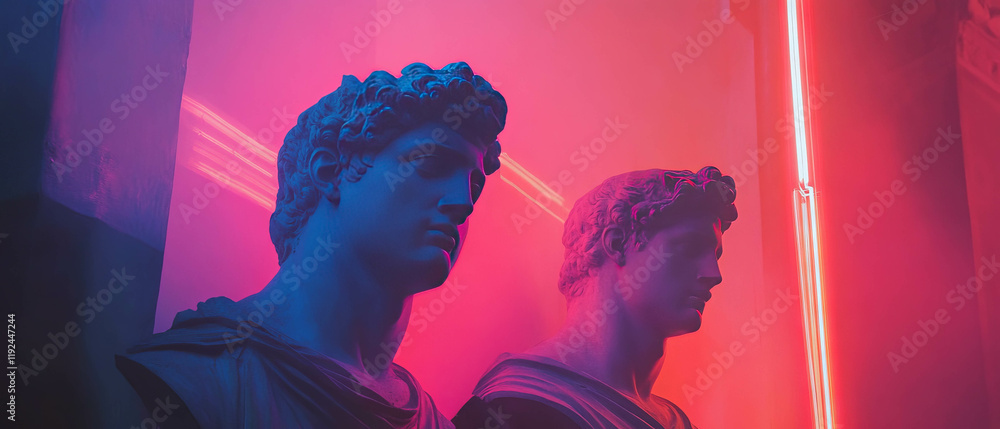 Poster architectural statues illuminated by neon lights in an urban art setting