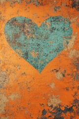 Turquoise heart on textured orange background, vintage