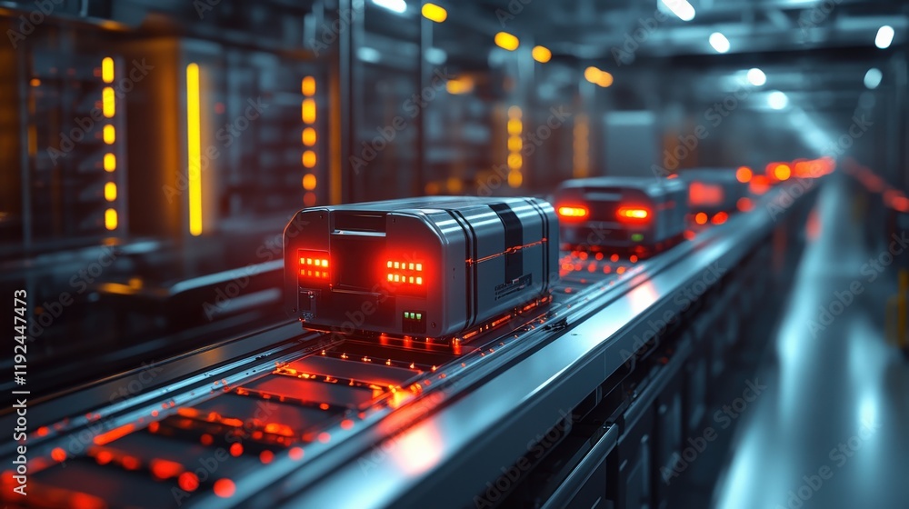 Poster automated warehouse system featuring futuristic logistic containers moving along a high-tech conveyo