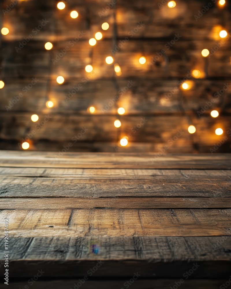 Aufkleber rustic wooden tabletop with blurred golden string lights background.