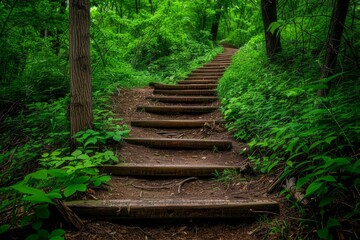 Obraz premium Wooden stairs lead upward through a vibrant green forest, creating a tranquil and inviting path for exploration