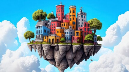 Naklejka premium Colorful Floating Cityscape Surrounded by Clouds and Sky