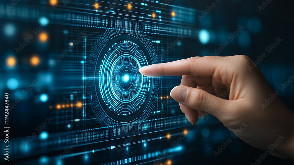 Poster digital access: a hand reaches out to touch a vibrant, circular interface against a backdrop of intr