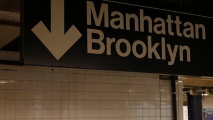 New York subway station interior, Manhattan text sign. Underground metropolitan. United States...