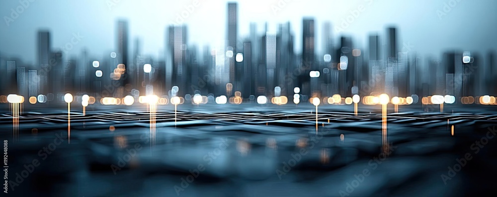 Poster blurred abstract background idea. modern city skyline with blurred lights and buildings in a serene 