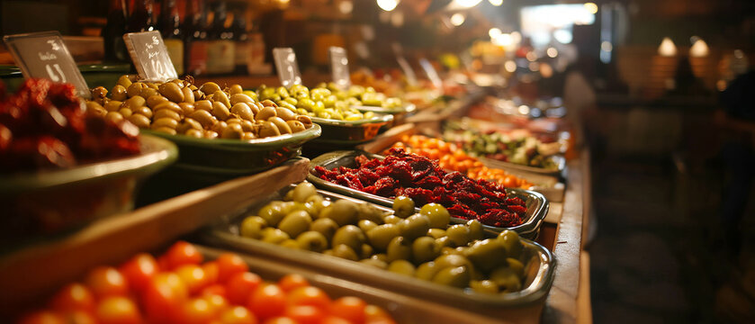 Vibrant antipasto selection featuring assorted olives, sun-dried tomatoes, and delicacies