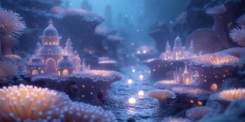Mystical underwater city with coral shaped structures illuminated by soft glowing light