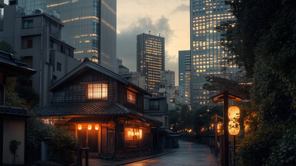 Fototapeta premium 高層ビルに囲まれた都会の中の一軒家