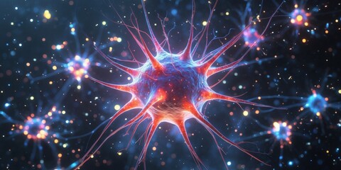 Vibrant neural cell surrounded by particles a cinematic exploration of depth and creativity