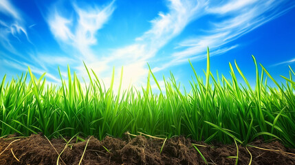 Fototapeta premium Summer Serenity Grass and Soil with a Radiant Blue Sky