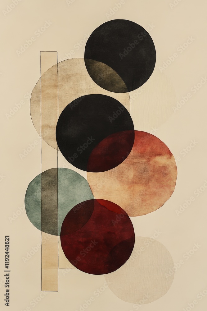 Poster abstract artwork featuring colorful overlapping circles and geometric shapes on a beige background, 