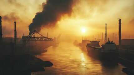 Smoky air pollution in an industrial port with cargo ships nearby.