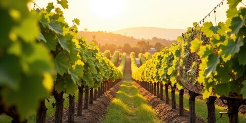 Fototapeta premium Golden Hour Vineyard Rows Lush Green Vines Basking in the Sunset's Warm Embrace