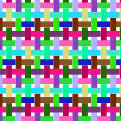 Colorful seamless geometric pattern with squares and shapes in blue, yellow, pink, and light tones
