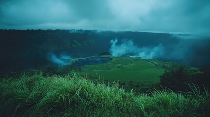 Naklejka premium Smoky clouds spreading across a landscape after a volcanic eruption.