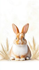 Fototapeta premium A cute rabbit sits amidst soft grasses, showcasing its fluffy fur and attentive expression in a serene, minimalist setting.