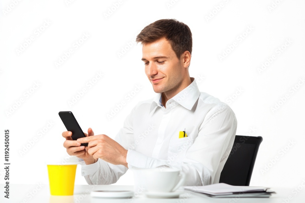 Poster a person sitting at a table looking at their mobile device