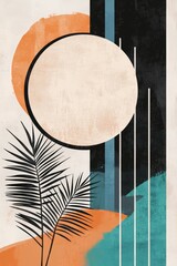 Abstract design featuring a large circle, vibrant colors, and palm leaves. Ideal for backgrounds, artistic projects, or modern decor inspiration. Geometric and trendy.