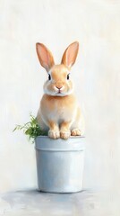A cute rabbit sits atop a white pot, surrounded by green grass, creating an adorable and whimsical scene.