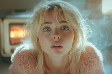 A woman in a pink coat looking directly at the camera