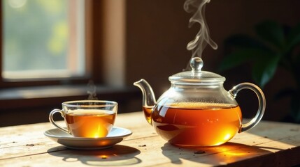 Aromatic Tea in Glass Teapot and Cup, Basking in Warm Sunlight on Wooden Table