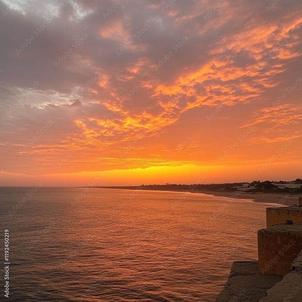 Poster a bench sits at the edge of the ocean as the sun sets in the background