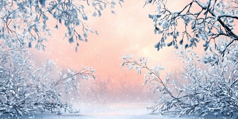 Tranquil Snowy Winter Scene with Soft Pink Sky and Frozen Branches.