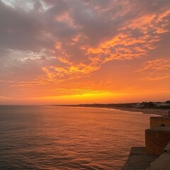 A bench sits at the edge of the ocean as the sun sets in the background