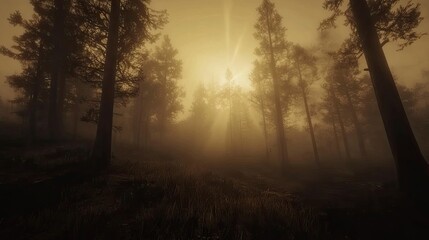 Fototapeta premium Sunset rays piercing through fog and illuminating the forest floor.