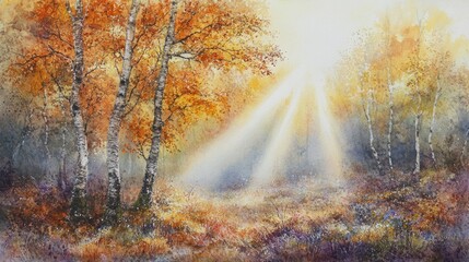 Obraz premium Sunset rays piercing through fog and illuminating the forest floor.