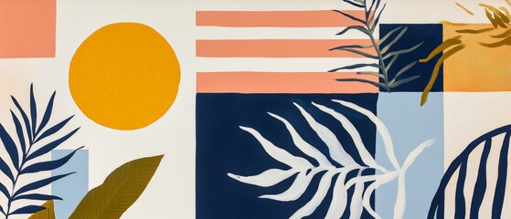 Obraz premium Abstract design featuring geometric shapes, tropical leaves, and a sun against a colorful background. Ideal for modern art, home decor, or graphic design projects.