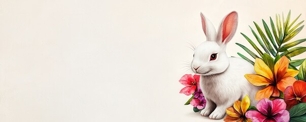Obraz premium A cute white rabbit surrounded by vibrant tropical flowers against a soft, neutral background.