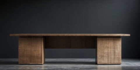 A large wooden desk with a black background