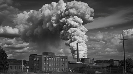 Thick gray smoke billowing from an industrial factory chimney against a cloudy sky.