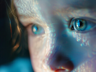 The reflection of a few digits from a digital screen on a child's face. Our children are the future of cyber risk management.