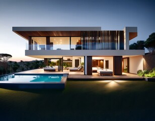 Fototapeta premium Ultra-Modern Luxury Villa with Infinity Pool, Floor-to-Ceiling Glass Walls, Spacious Open Concept Design, High-Tech Features, Premium Materials, and Serene Private Setting – The Perfect Dream Home for