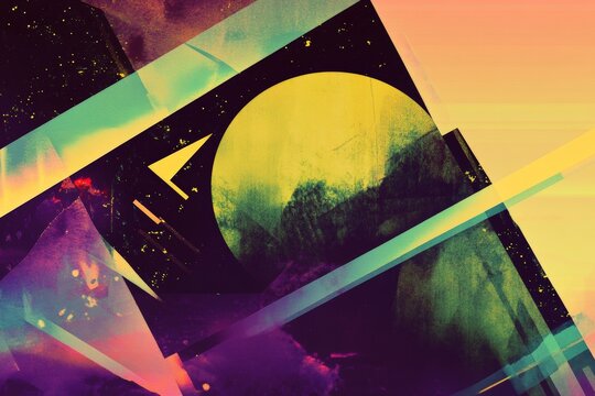 Abstract digital artwork featuring geometric shapes, vibrant colors, and a celestial theme, showcasing a moon in a cosmic landscape for creative design projects.