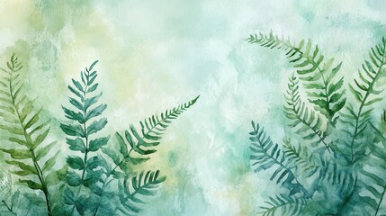 Watercolor Fern Leaf Pattern on Abstract Green Background, Delicate Botanical Illustration.