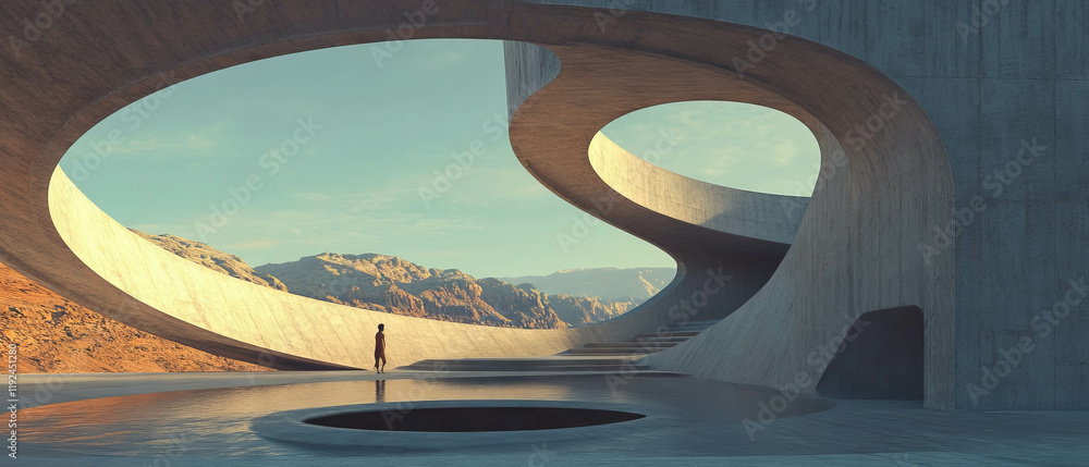 Poster Organic architecture featuring circular shapes and flowing lines in a natural landscape