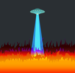 UFOから光を放ち火事を起こしている様子のベクターイラスト