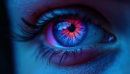 Naklejka premium Cyberpunk Eye: A mesmerizing close-up of a human eye, enhanced with vibrant neon blue and red hues, evokes a futuristic, cyberpunk aesthetic.