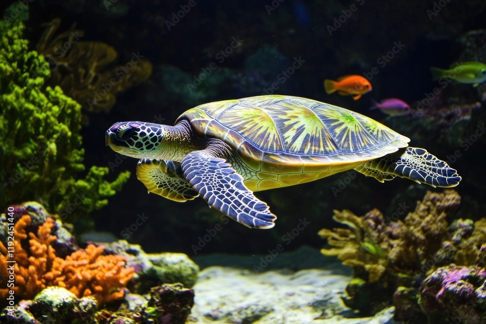 Poster A turtle swimming with other fish in a well-maintained aquarium, suitable for use as a stock image for various contexts