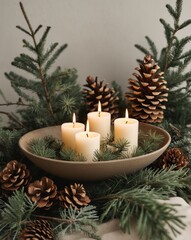 candles are lit in a bowl with pine cones and evergreen branches