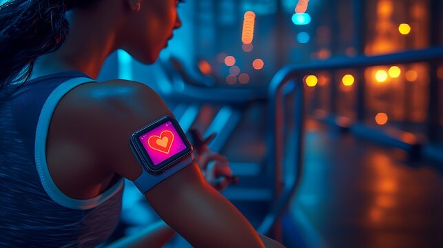 A gym scene with a person on a treadmill, a glowing heart symbol displayed on a futuristic smartwatch screen, bright focused lights highlighting their determination, symbol health and wellbeing