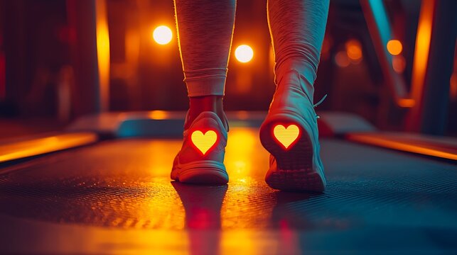A gym scene with a person on a treadmill, a glowing heart symbol displayed on a futuristic smartwatch screen, bright focused lights highlighting their determination, the mood focused and driven