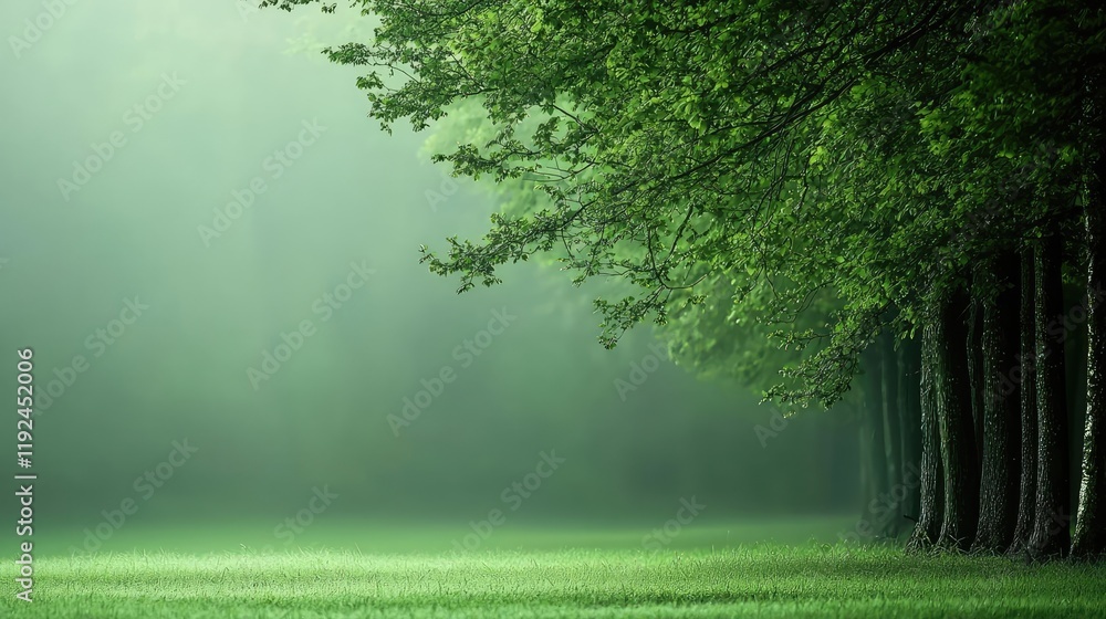 Aufkleber Blurred abstract background idea. Serene forest view with greenery and mist, ideal for nature and relaxation themes.