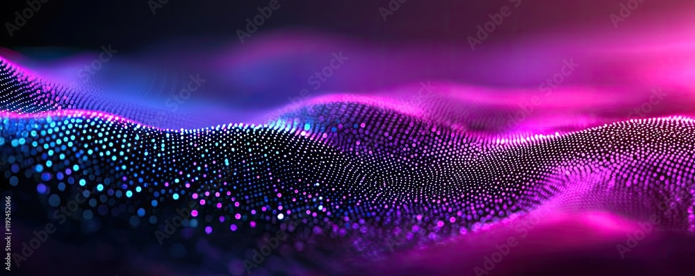 Poster Blurred abstract background idea. Abstract colorful wave pattern with glowing particles in purple and blue hues.