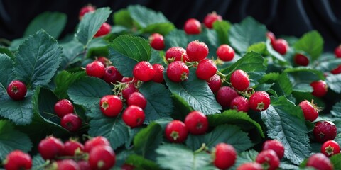 Obraz premium Vibrant Red Berries Among Lush Green Leaves on Black Background