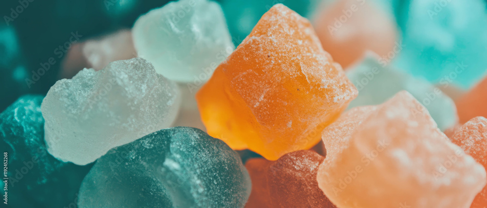 Poster brightly colored assorted candies in various shapes create a visually appealing treat