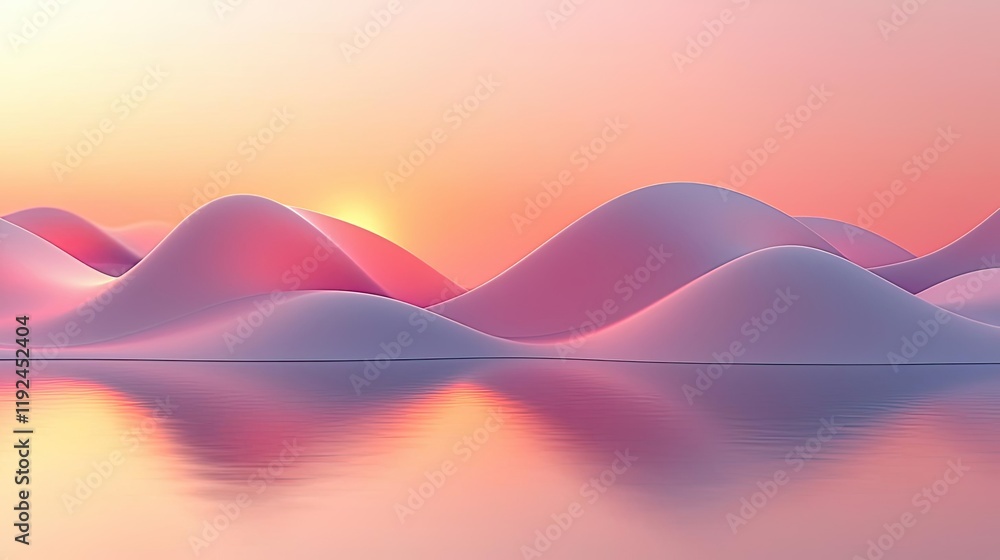 Poster Blurred abstract background idea. Serene abstract landscape with soft mountains reflecting in tranquil waters at sunset.